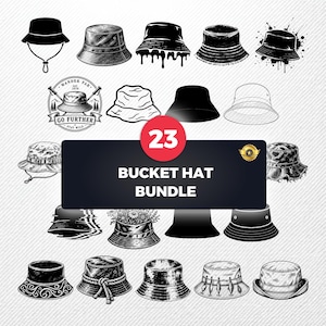 May include: A collection of 23 black and white bucket hat illustrations featuring various textures, patterns, and styles, including a central badge with the text 23 BUCKET HAT BUNDLE. The designs include solid, sketched, and graphic variations.