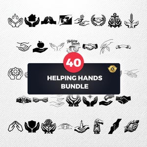May include: A collection of 40 black and white Helping Hands bundle icons. The icons depict various symbols, including hands holding objects, shaking hands, and other related imagery. The bundle includes a variety of designs.