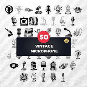 Peut inclure: Illustration de 50 microphones vintage en noir et blanc. L'image présente divers modèles de microphones, des styles classiques aux styles modernes. Le texte "VINTAGE MICROPHONE" est affiché sur un rectangle noir avec un cercle rouge contenant le chiffre "50".
