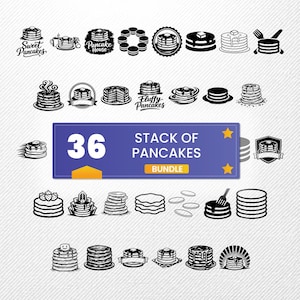 以下が含まれることがあります： 36種類のパンケーキをテーマにした白黒イラストのコレクション。パンケーキの山、個々のパンケーキ、および「Sweet Pancakes」や「Fluffy Pancakes」などのテキストを含むロゴが含まれています。青いバナーには「36 STACK OF PANCAKES BUNDLE」と書かれています。