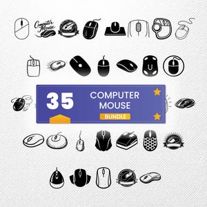 May include: A collection of 35 computer mouse designs in black and white. The image includes various mouse styles, from simple outlines to detailed illustrations, with a banner that reads "35 Computer Mouse Bundle".
