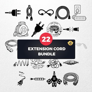 Puede incluir: Una colección digital de 22 ilustraciones gráficas en blanco y negro que muestran varios cables de extensión eléctricos, regletas, enchufes y cables enrollados, con el texto central 22 EXTENSION CORD BUNDLE sobre un fondo rectangular oscuro.