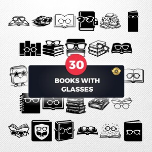 May include: A set of 30 monochrome illustrations depicting books paired with glasses. The designs include open books, stacks of books, and anthropomorphic books. A red circle displays the number 30, and the text "BOOKS WITH GLASSES" is present.