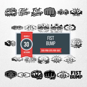 Op de afbeelding: Een digitale collectie van 30 zwart-wit fist bump grafische ontwerpen, met diverse artistieke stijlen waaronder lijntekeningen, silhouetten en florale motieven. Het centrale rechthoekige label toont de tekst BUNDLE 30 DESIGNS FIST BUMP.