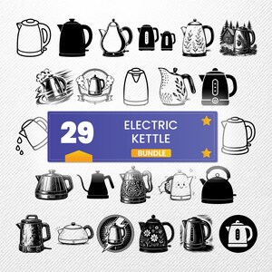 Electric Kettle SVG Bundle, 29 Tea Maker Silhouette Vectorі, Hot Water Jug Clipart for Cricut, Coffee Boiler PNG, dxf, eps, pdf