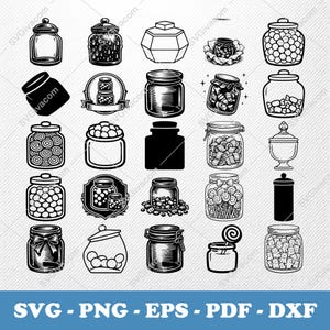May include: A collection of various jar designs in black and white, including jars with lids, decorative jars, and jars with contents. The image also includes the text "SVG - PNG - EPS - PDF - DXF".