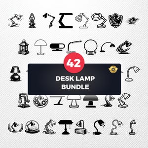 Könnte beinhalten: Schwarz-Weiß-Illustration mit 42 Schreibtischlampen-Designs. Das Bild zeigt verschiedene Lampenstile, darunter verstellbare, Tisch- und Vintage-Lampen. Der Text "DESK LAMP BUNDLE" ist auf einem schwarzen Banner zu sehen.