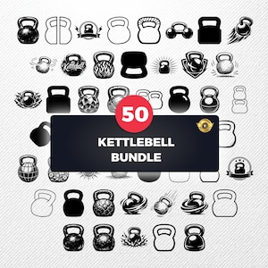 May include: A collection of 50 kettlebell designs in various styles, including line art and solid black silhouettes. The image features a variety of kettlebell illustrations, with the text "Kettlebell Bundle" and the number "50".