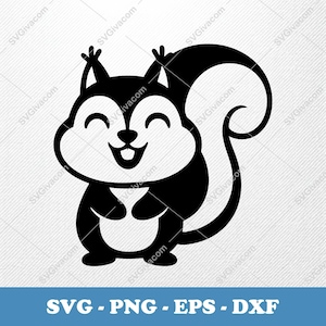 May include: A black and white cartoon squirrel illustration with a smiling face and a large, fluffy tail. The squirrel is in a standing position. The image includes the text "SVG - PNG - EPS - DXF" in a blue banner.