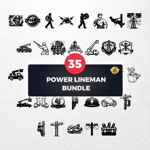 Paquete SVG de liniero eléctrico, 35 diseños de siluetas de trabajadores de servicios públicos, imágenes prediseñadas de linieros para Cricut, PNG de electricista, vector de red eléctrica