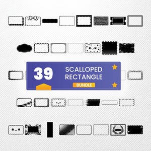 May include: A collection of 39 scalloped rectangle designs in black and white. The designs include various styles, such as dotted, bow-shaped, and solid borders. A blue banner reads "39 Scalloped Rectangle Bundle."
