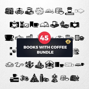 Può includere: Illustrazioni in bianco e nero di libri e oggetti legati al caffè. L'immagine include pile di libri, tazze di caffè, caffettiere e il testo "BOOKS WITH COFFEE BUNDLE" con il numero "45" in un cerchio rosso.