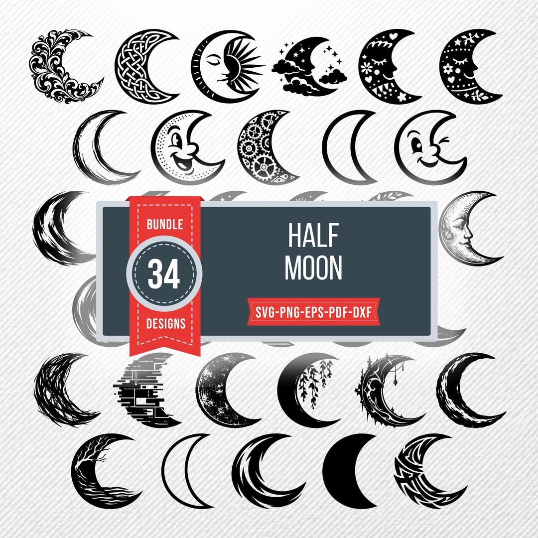 Split Moon Svg Half Moon SVG Bundle, 34 Celestial Clipart, PNG EPS Dxf, Cricut ...