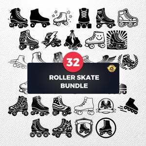May include: A collection of 32 roller skate designs in black and white. The designs include various styles of roller skates, some with stars, lightning bolts, and other decorative elements. The text "ROLLER SKATE BUNDLE" is displayed on a dark background.