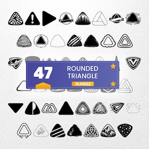 Pakiet SVG z zaokrąglonymi trójkątami, 47 wzorów PNG z sylwetkami zakrzywionych trójkątów, grafika wektorowa z geometrycznymi kształtami do Cricut