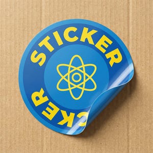 May include: A circular blue sticker with the word "STICKER" in yellow, curving around the edge. Inside is a yellow atom symbol. The corner of the sticker is peeled back, showing a white and blue gradient.