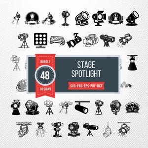 Könnte beinhalten: Eine Sammlung von 48 Bühnenscheinwerfer-Designs in Schwarz und Weiß. Die Designs umfassen verschiedene Arten von Scheinwerfern, einige auf Stativen, andere hängend, und einige mit Lichtstrahlen. Der Text "STAGE SPOTLIGHT" und "BUNDLE 48 DESIGNS" ist ebenfalls enthalten.