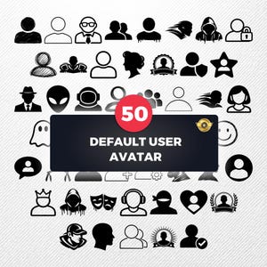 May include: A collection of 50 black and white default user avatar icons. The icons include silhouettes of people, faces, and symbols such as a ghost, alien, and a ninja. The text "DEFAULT USER AVATAR" is displayed on a black rectangle.
