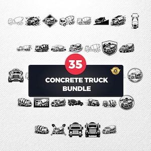 May include: A digital collection of 35 black and white concrete truck illustrations featuring various angles, silhouettes, and badge designs. The central dark rectangular label displays the text 35 CONCRETE TRUCK BUNDLE in white font.