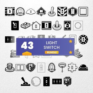 Może przedstawiać: Kolekcja 43 wzorów włączników światła w czerni i bieli. Projekty obejmują różne style przełączników, przełączników kołyskowych i powiązanych ikon. Niebieski baner głosi "43 LIGHT SWITCH BUNDLE".
