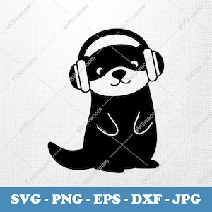 Op de afbeelding: Een zwart-wit cartoon illustratie van een otter met een koptelefoon. De otter heeft een wit gezicht en buik, met een glimlachende uitdrukking. De afbeelding bevat de tekst "SVG - PNG - EPS - DXF - JPG" onderaan.