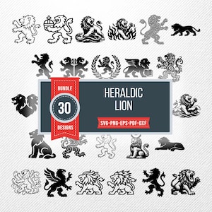 May include: A collection of 30 heraldic lion designs in various poses and styles. The designs are in black and white, with some featuring crowns, wings, and other decorative elements. The image includes the text "HERALDIC LION" and file type information.