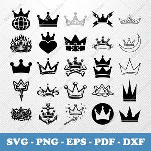 May include: A collection of black and white crown designs in various styles. The image includes crowns with flames, hearts, and lightning bolts. The bottom of the image displays the text "SVG - PNG - EPS - PDF - DXF".
