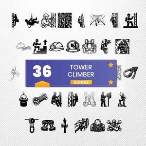 Puede incluir: Una colección de 36 ilustraciones en blanco y negro sobre el tema de los escaladores de torres. Las imágenes representan diversas actividades de escalada, equipos y equipos de seguridad. Una pancarta azul muestra el texto "36 TOWER CLIMBER BUNDLE".
