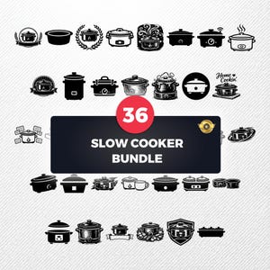 Op de afbeelding: Een verzameling van 36 illustraties van slowcookers in zwart en wit. De afbeeldingen bevatten verschillende ontwerpen van slowcookers, sommige met lauwerkransen en stoom effecten. De tekst "SLOW COOKER BUNDLE" wordt weergegeven.