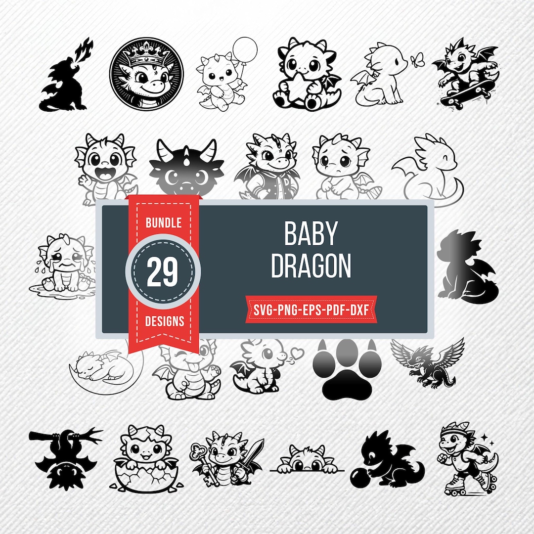 Baby Dragon SVG Bundle 29 Clipart | PNG Eps PDF Dxf | Cute Silhouette ...