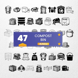 May include: A collection of black and white illustrations of compost bins and related items. A blue banner displays "47 COMPOST BIN BUNDLE". The image shows various designs of compost bins, including barrels, buckets, and containers for composting.