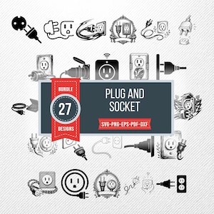 Plug and Socket SVG Bundle, 27 Power Cord Silhouette Designs, Electrical Outlet clipart for Cricut, Wall Socket PNG, Electrician vector
