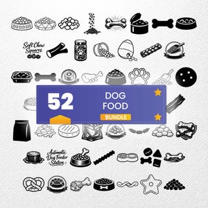 Puede incluir: Una colección de 52 ilustraciones en blanco y negro relacionadas con la comida para perros. Las imágenes incluyen cuencos para perros, huesos, bolsas de comida y otros artículos para mascotas. Una pancarta azul dice "Dog Food Bundle".