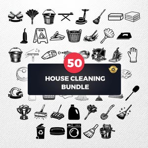May include: A black and white illustration of 50 house cleaning icons. The icons include a broom, mop, vacuum cleaner, bucket, spray bottle, and washing machine. The text "HOUSE CLEANING BUNDLE" is displayed on a black rectangle.