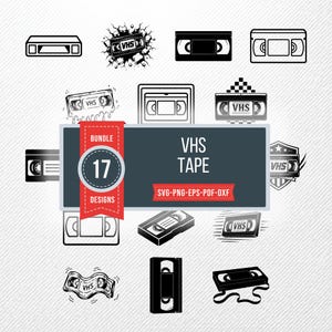 Pode incluir: Uma coleção digital de 17 designs gráficos em preto e branco com várias ilustrações de fitas VHS. A etiqueta retangular central exibe o texto BUNDLE 17 DESIGNS, VHS TAPE e SVG-PNG-EPS-PDF-DXF, cercada por diversos ícones de fitas.