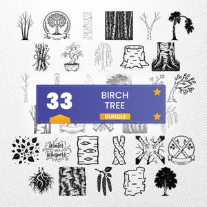 May include: A collection of 33 black and white illustrations featuring various birch tree elements, including individual trees, bark textures, branches, leaves, roots, and forest scenes, centered around a blue rectangular label reading 33 BIRCH TREE BUNDLE.