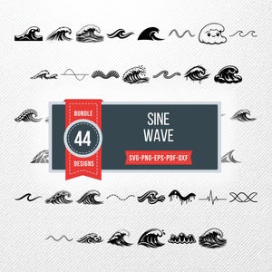 Puede incluir: Un conjunto de 44 diseños de ondas sinusoidales en blanco y negro. La imagen presenta diversas ilustraciones de olas, desde líneas simples hasta olas rompientes detalladas. También incluye el texto "SINE WAVE" e información sobre el tipo de archivo.