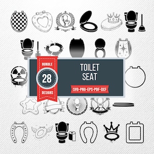 Op de afbeelding: Een digitale collectie van 28 zwart-witte toiletbrilontwerpen in diverse stijlen, waaronder geblokt, hartvormig, met kroon en grafische iconen. De centrale banner toont de tekst BUNDLE 28 DESIGNS TOILET SEAT SVG-PNG-EPS-PDF-DXF.