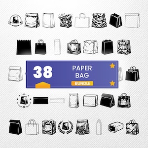 May include: A selection of 38 paper bag illustrations, including shopping bags, lunch bags, and gift bags. The image features a blue banner with the text "38 PAPER BAG BUNDLE". The illustrations are in black and white.