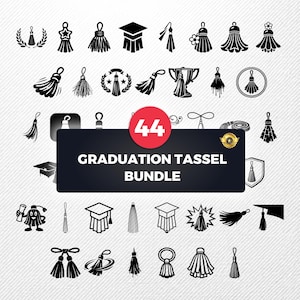 May include: A collection of 44 graduation tassel designs in black and white. The designs include tassels, graduation caps, laurel wreaths, and a trophy. The text "GRADUATION TASSEL BUNDLE" is displayed on a dark background with a red circle containing the number 44.