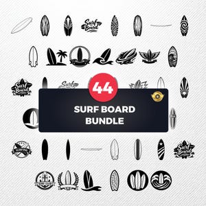 May include: A collection of 44 surfboard designs in black and white. The designs include various surfboard shapes, logos, and illustrations, with the text "Surf Board Bundle" displayed prominently.