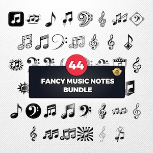 May include: A bundle of 44 black and white music note illustrations, including treble clefs and various note types. The text "FANCY MUSIC NOTES BUNDLE" is displayed on a black rectangle. The background has a diagonal striped pattern.