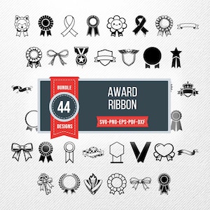 Puede incluir: Una colección de 44 diseños de cintas de premio en blanco y negro. Los diseños incluyen rosetas, lazos, cintas e insignias. La imagen también incluye el texto "AWARD RIBBON" y "44 DESIGNS".