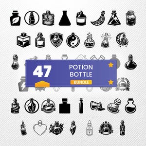 Potion Bottle SVG Bundle, 47 Magic Flask Silhouette Designs, Apothecary Jar Clipart for Cricut, Elixir PNG, Alchemy Vector