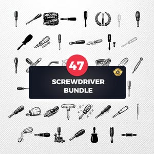 Screwdriver SVG Bundle, 47 Hand Tool Silhouette Designs, Mechanic Clipart for Cricut, Flathead PNG, Hardware Vector