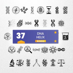 Puede incluir: Una colección digital de 37 iconos e ilustraciones gráficas de hélices de ADN en blanco y negro. El banner rectangular azul central presenta el texto blanco 37 DNA HELIX BUNDLE con dos estrellas amarillas. Los iconos representan varias cadenas de ADN.