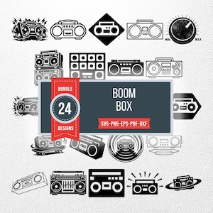 May include: A collection of 24 black and white boombox designs. The designs include various styles of vintage stereo systems, with a banner that reads "BOOM BOX" and "24 DESIGNS". The image is suitable for digital art or graphic design projects.
