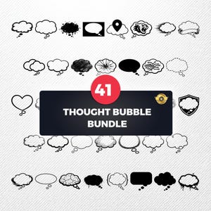 Puede incluir: Una colección de 41 gráficos de burbujas de pensamiento en varias formas y estilos. Las burbujas son en blanco y negro, algunas con contornos, sombreados o rellenos sólidos. Una pancarta central dice "THOUGHT BUBBLE BUNDLE".