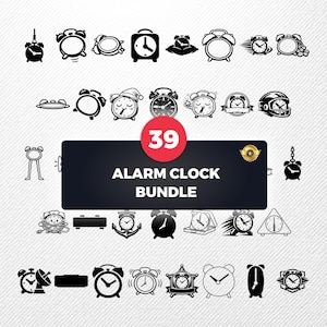 Puede incluir: Una colección de 39 ilustraciones de despertadores en blanco y negro. La imagen presenta varios diseños de relojes, incluyendo estilos clásicos, modernos y temáticos. El texto "ALARM CLOCK BUNDLE" se muestra sobre un fondo oscuro.