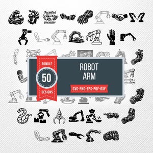Robot Arm SVG Bundle, 50 Bionic Limb Silhouette Designs, Cybernetic Clipart for Cricut, Mechanical Claw PNG, Android Hand Vector, Mech svg